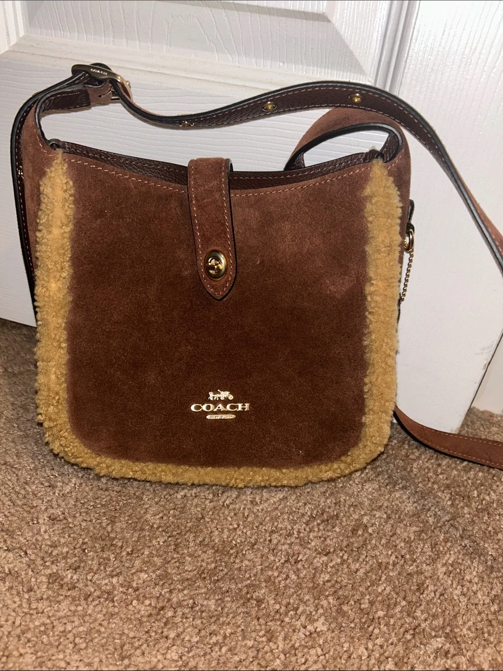 Coach Brown Suede Crossbody with Tan Shearling Trim